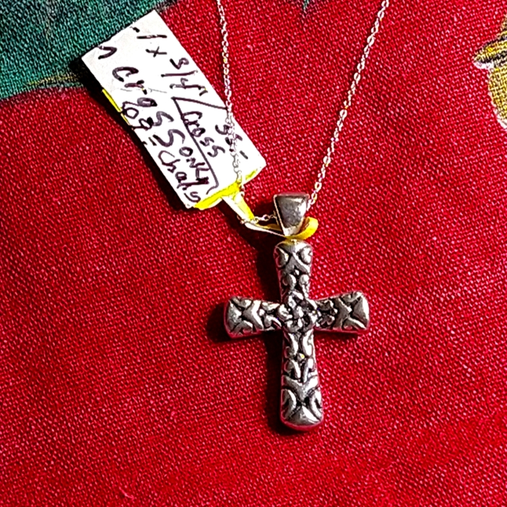 A- *D-JOY) ORIGINAL* *STERLING FLOWERS MOTIF, CROSS  18" STERLING  CHAIN.